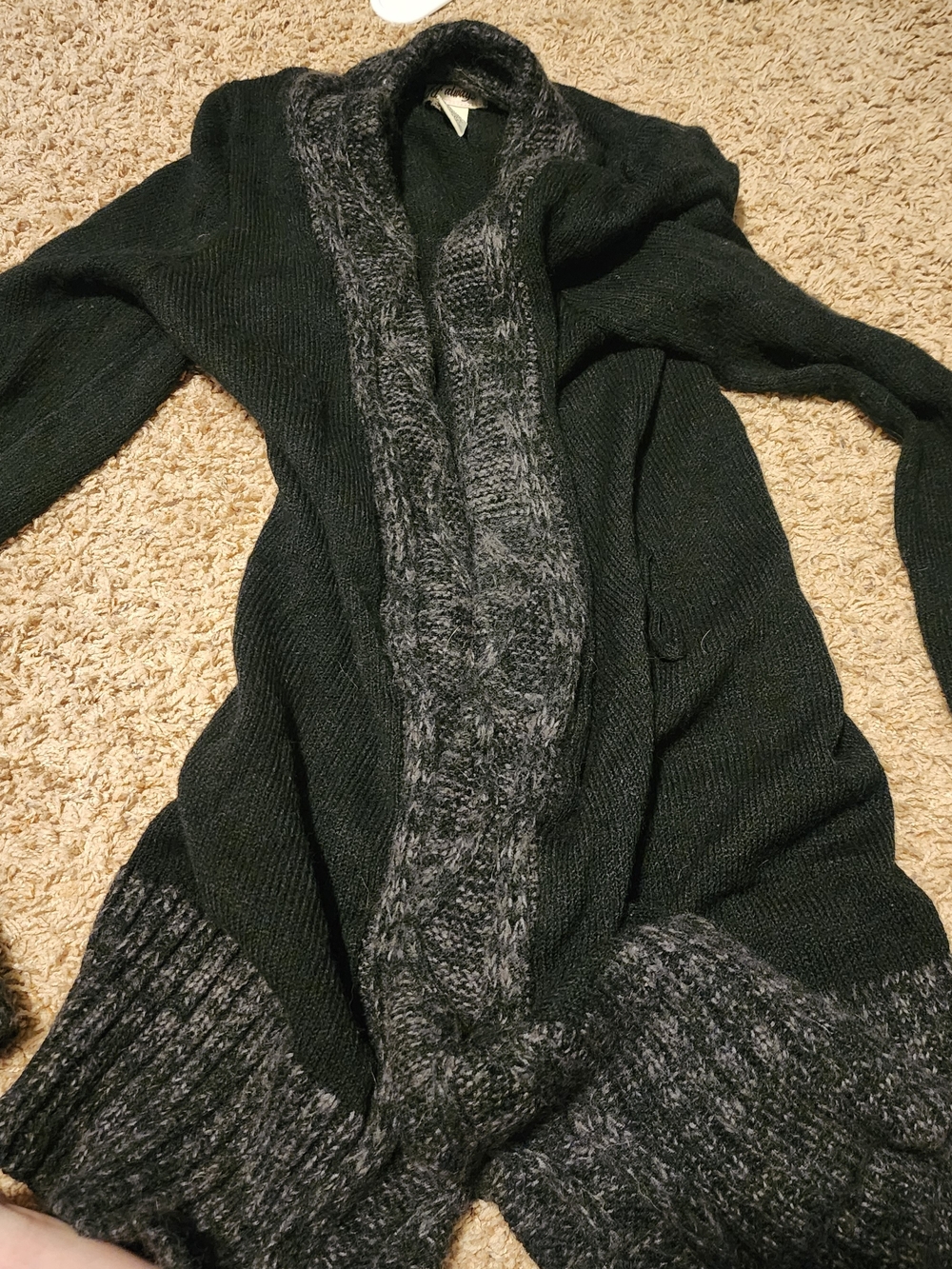 Dark Gray Open-Front Knit Cardigan with Textured Trim